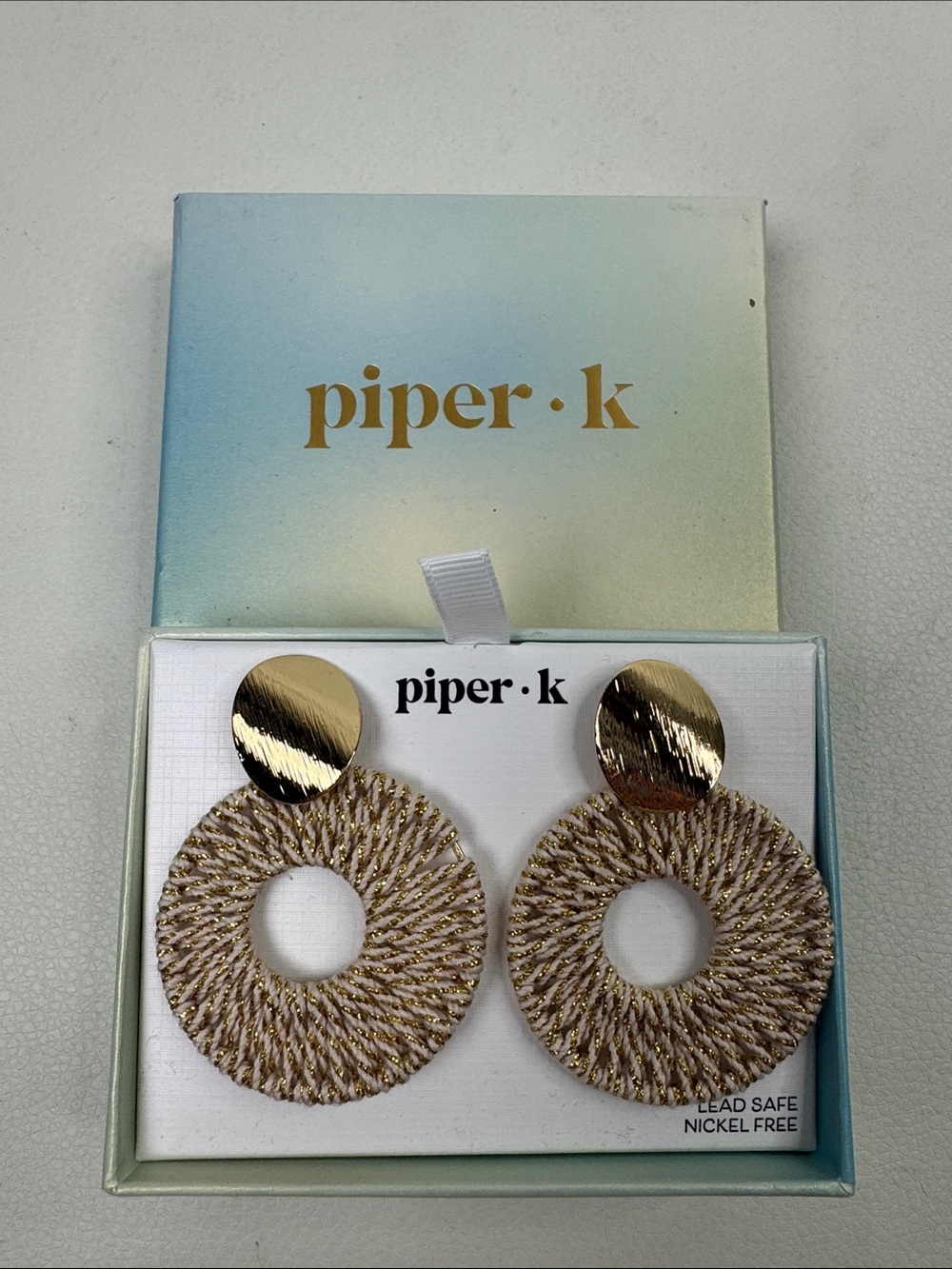 Piper k Gold and Cream Woven Hoop Drop Earrings New NWT
